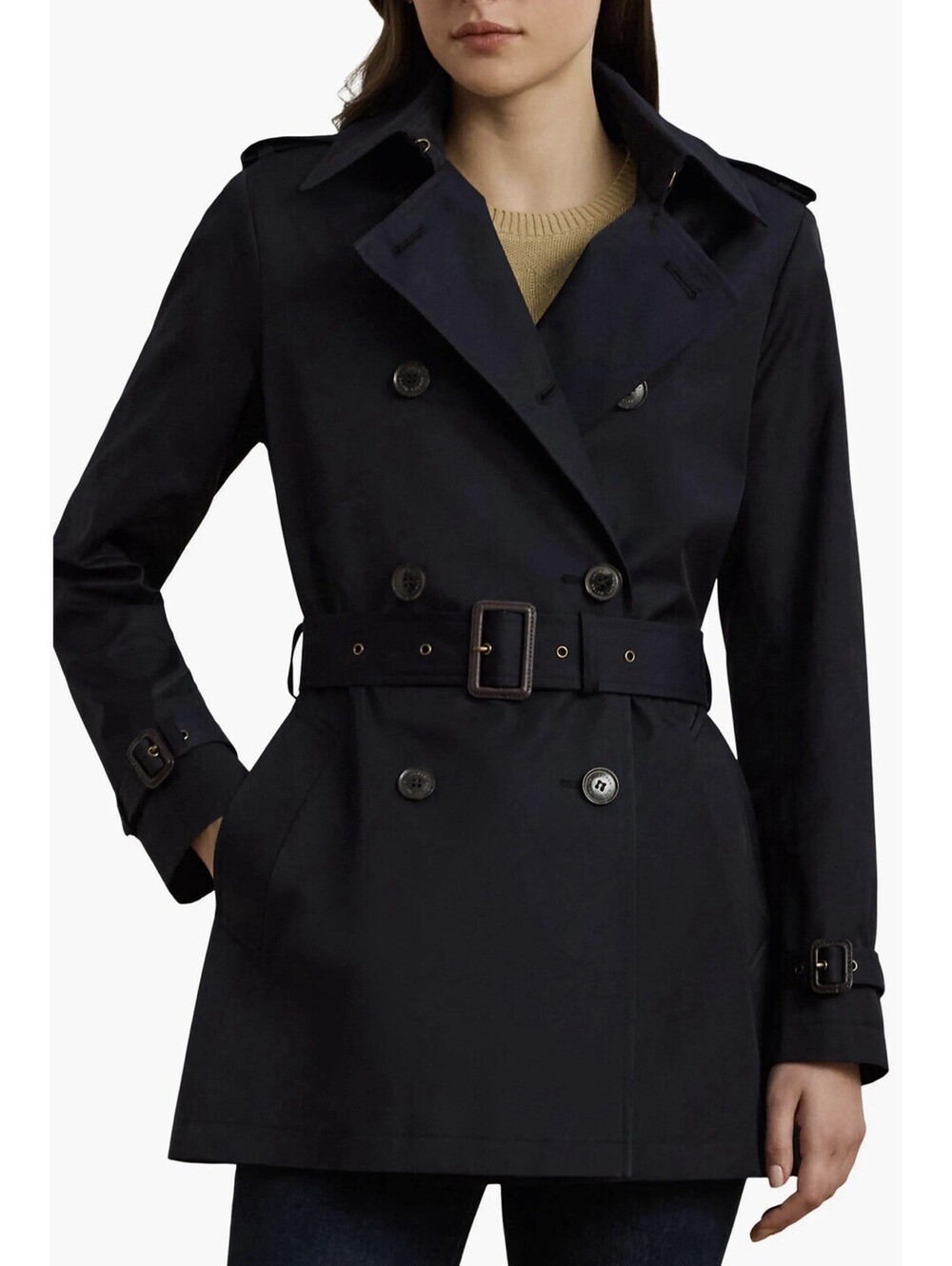 New Lauren Ralph Lauren Short Double Breasted Trench Coat In Navy Size M $298